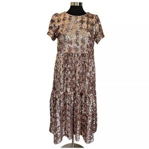Anthropologie MAEVE Dress Womens Medium Pink Bernadette Sequin Tiered Midi NWT